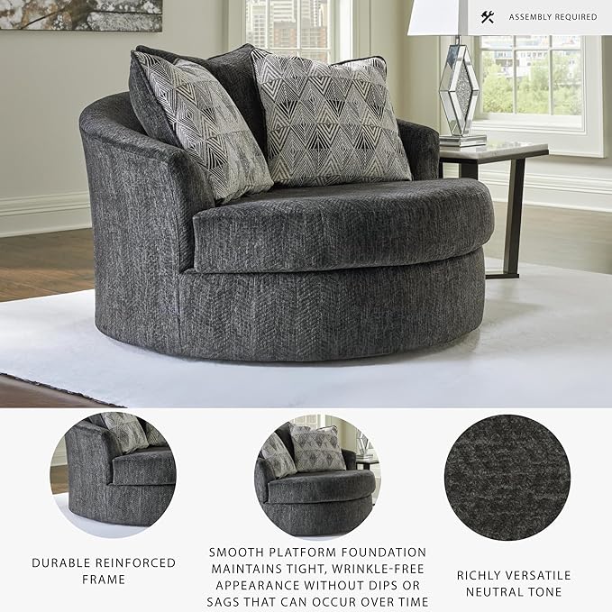 Signature Design by Ashley Biddeford Transitional Upholstered Oversized Swivel Accent Chair with 3 Accent Pillows, Black
