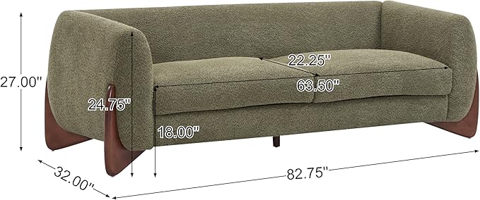 Merax 82 Inch Boucle Sherpa Sofa, Chenille Loveseat with Removable Cushions & Wood Legs, Modern Plush 3-Seater Couch for Living Room, Olive Green