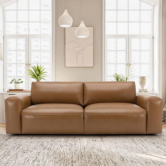 COLAMY PU Leather Sofa Couch, 95" Oversized Sofa Loveseat for Living Room, Comfy Love Seat Couch with Extra Deep Seats, Wide Arm, Down Filled 3-Seater Modern Sofa for Apartment/Lounge/Bedroom-Brown