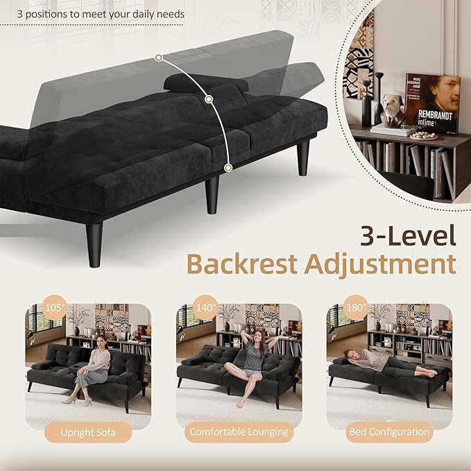 Shintenchi Futon Sofa Bed, Velvet Foldable Couch, Reclining Sleeper with Removable Armrests, Upholstered Loveseat Sofa Couch with Folding Cup Holders for Home, Office(Black)