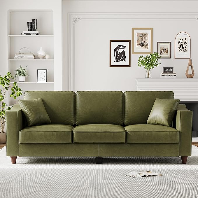 3-Seater Sofa Couch with 2 Throw Pillows, 85 Inches Faux Leather Couch with Wide Armrests, Deep Seats, Wood Legs, Back Cushion, Sturdy Support Feet, Couches for Living Room, Office, Olive Green