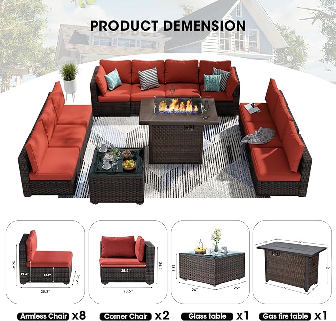12 Piece Patio Furniture Set with Fire Pit Table All Weather PE Rattan Outdoor Sectional Sofa Couch with No-Slip Cushions and Glass Top Table for Garden, Poolside, Backyard (Red)
