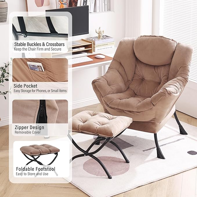 Furlide Lazy Chair with Ottoman, Modern Accent Chair with Armrests and a Side Pocket, Velvet Khaki Accent Chairs, Reading Chairs, Oversized Armchairs for Bedroom, Study, Living Room, Courtyard