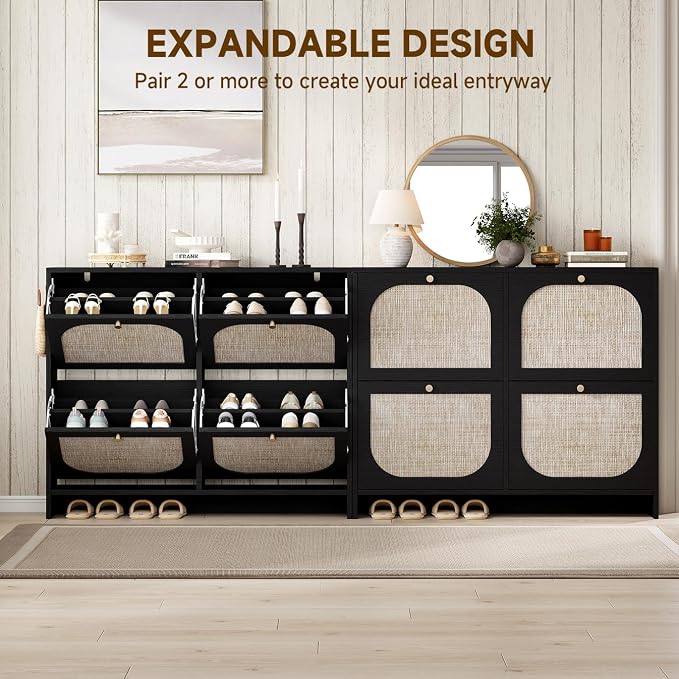 Nicetree Shoe Storage Cabinet for Entryway, Rattan Vintage Flip Shoe Rack- 4 Flip Drawers & 3-Tier Adjustable Shelves,Boho Shoe Organizer for 28-36 Pairs - Fits Size 12 Boots, 9.5" Ultra Slim - Image 3