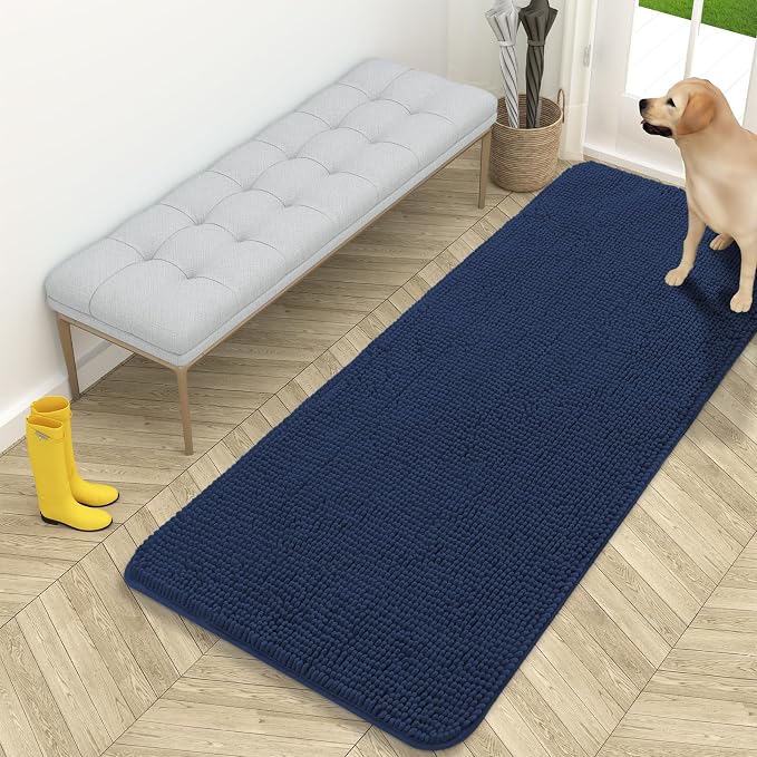 OLANLY Dog Door Mat for Muddy Paws 59x24, Absorbs Moisture and Dirt, Absorbent Non-Slip Washable Doormat, Quick Dry Chenille Mud Mat for Dogs, Entry Indoor Entryway Carpet for Inside Floor, Dark Blue by OLANLY