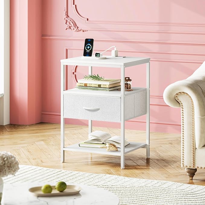 SUPERJARE Nightstand with Charging Station, White Night Stand with Adjustable Drawers, 17.7 Inches Wider Side Table for Bedroom, 3-Tier Storage End Table with Open Shelf, PU Leather Surface - Image 8