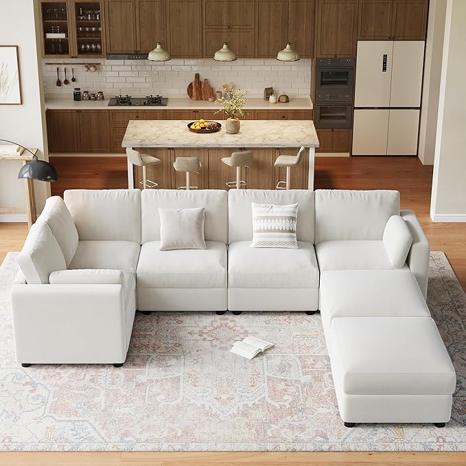GAOMON Oversized Modular Sectional Sofa, 7 Seater Sectional Couch, 138" U Shaped Sofa with Movable Ottoman, Convertible Modular Couch for Living Room Apartment and Office, Chenille Beige