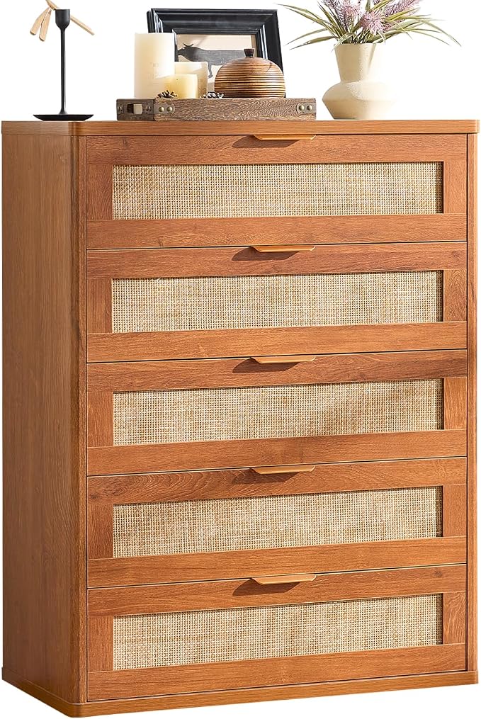 LEYAOYAO Dresser for Bedroom, 41" Tall Chest of Drawers, Modern 5 Drawers Boho Rattan Dressers with Storage, Dresser Wooden Closet Organizer for Living Room, Hallway, Tea Brown by LEYAOYAO-Findtheshiningpointofyourideallife%EF%BC%81