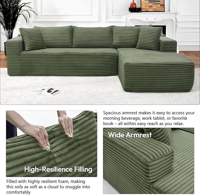 Cloud Sectional Couch, Modular Sectional Sofa with Left Chaise Lounge, Modern Modular L-Shape Sofa with Pillows & Deep Seat, Boneless Couches for Living Room Bedroom, Green