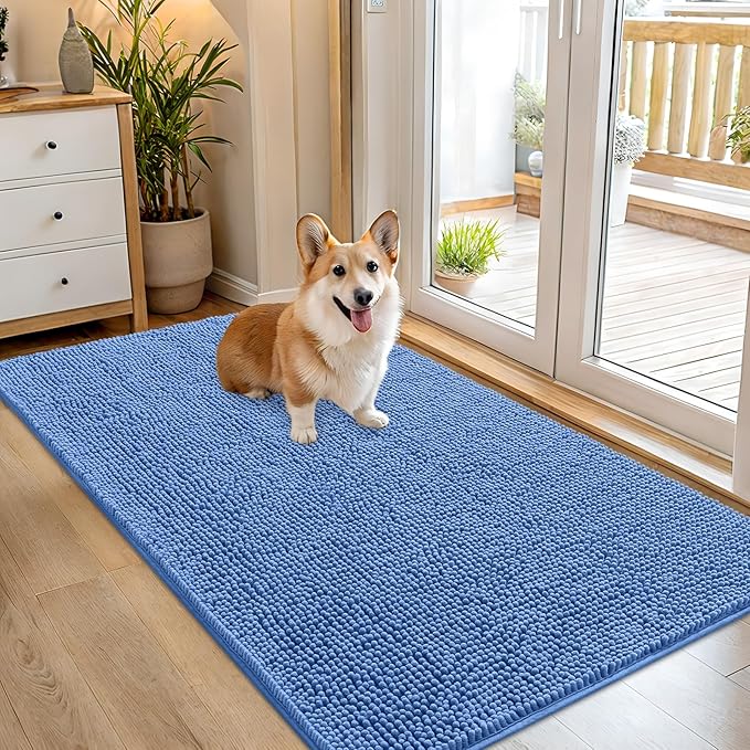 OLANLY Dog Door Mat for Muddy Paws 54x32, Absorbs Moisture and Dirt, Absorbent Non-Slip Washable Doormat, Quick Dry Chenille Mud Mat, Entry Indoor Entryway Carpet for Inside Floor, Cornflower Blue by OLANLY