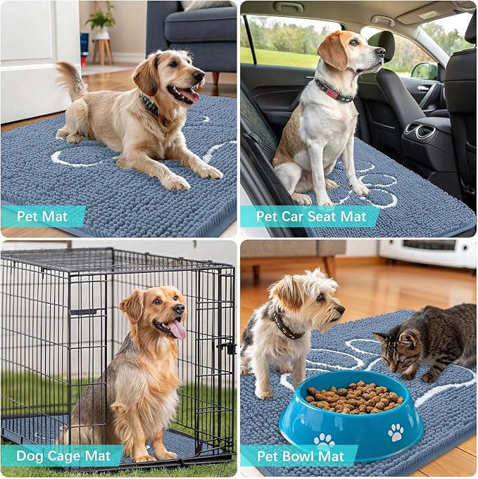 OLANLY Dog Door Mat for Muddy Paws 35x24, Paw Print Design, Absorbs Moisture and Dirt, Non-Slip Washable Doormat, Quick Dry Chenille Mud Mat, Entry Indoor Entryway Carpet, Airy Blue and White - Image 8