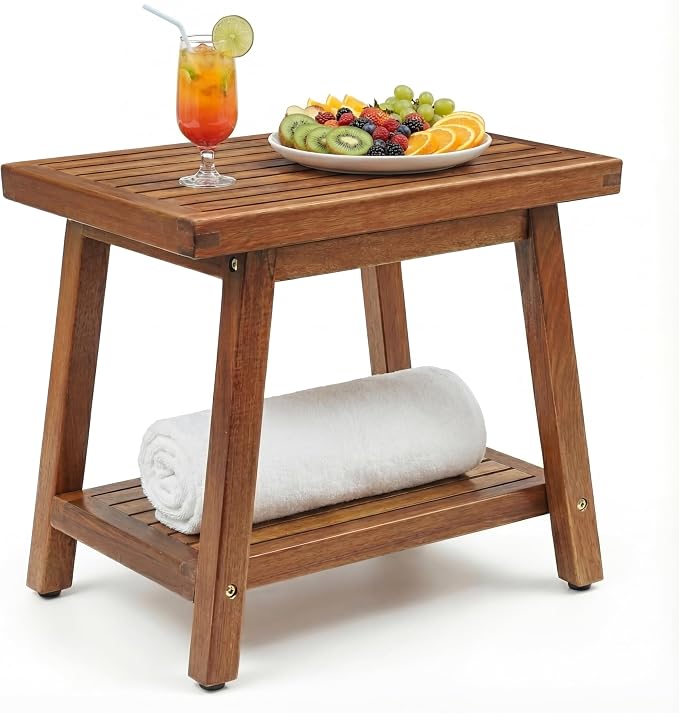 ENKEZI Small Acacia 16 Inches Outdoor Side Table, 2-Tier Sturdy Patio, End Table Weather Resistant, Strong Stability Side Table for Patio, Pool, Porch, Teak Finish (Small) by ENKEZIProducts
