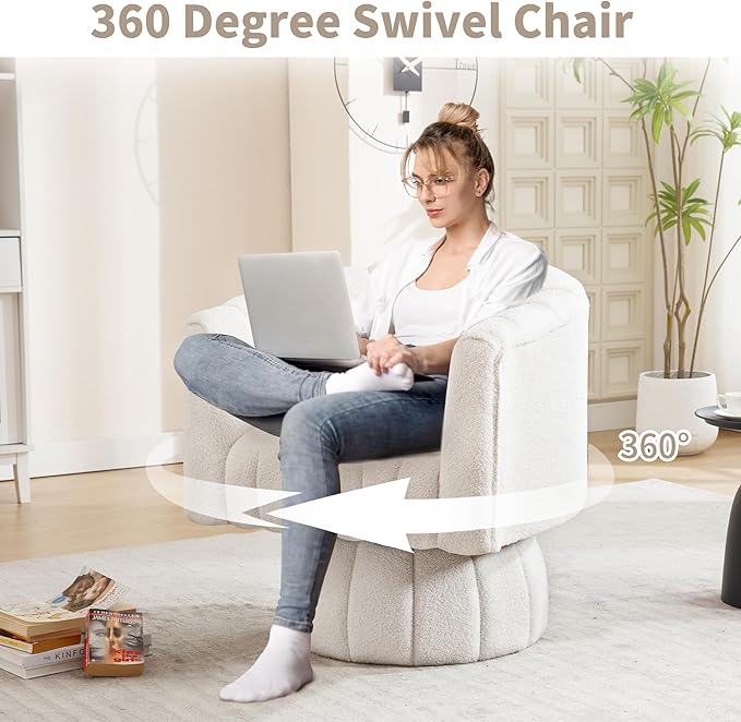 Swivel Accent Barrel Chair - Cute Comfy Small Round 360° Arm Chair Velvet Sofa Club Reading Chair for Living Room Bedroom Office White