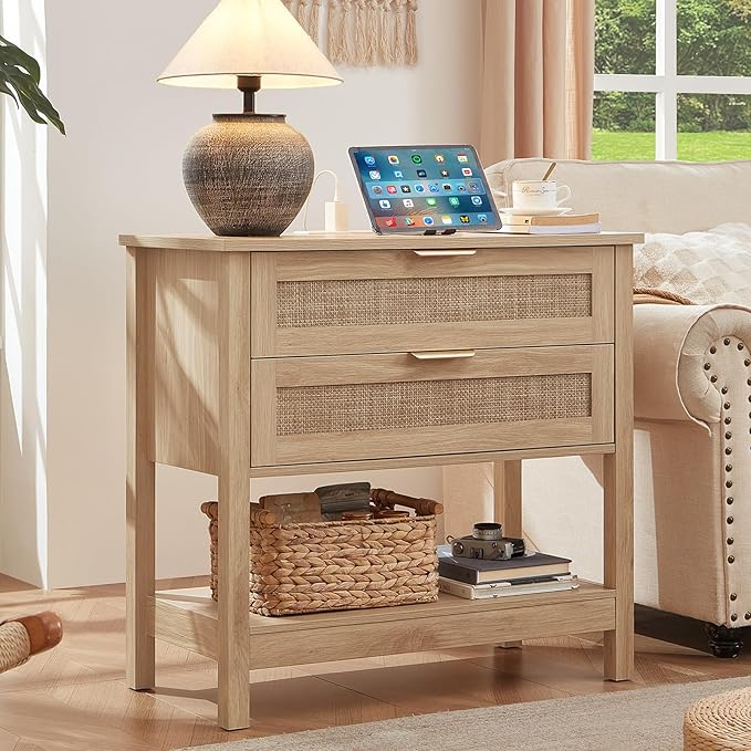 LEYAOYAO 26.8" Wide Rattan Night Stand with Charger Station, Oversized Large Boho Nightstand with 2 Drawer, Natural Wood Bed Side End Tables, Tall Bedside Table for Bedroom Living Room, Hallway by LEYAOYAO-Findtheshiningpointofyourideallife%EF%BC%81