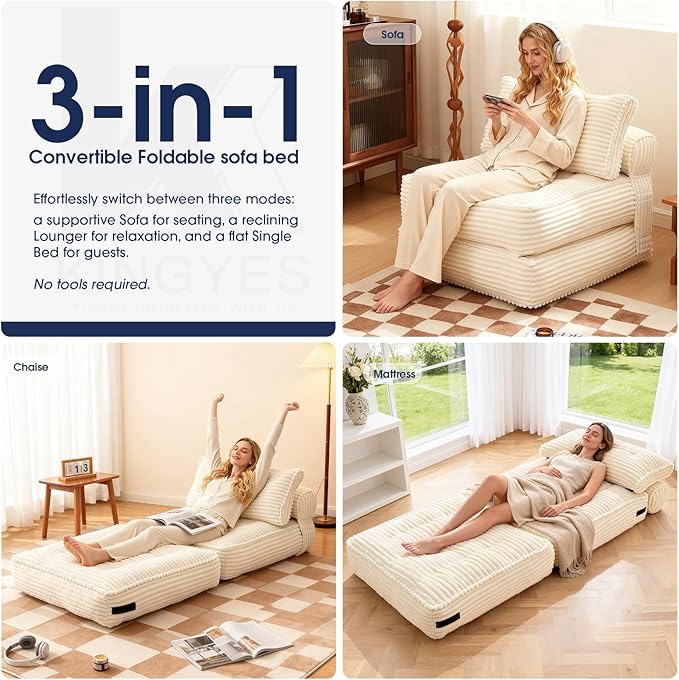 KINGYES Folding Sofa Bed, Corduroy Convertible Sleeper Chair with Pillow, Foldable Single Futon Chair for Living Room, Beige