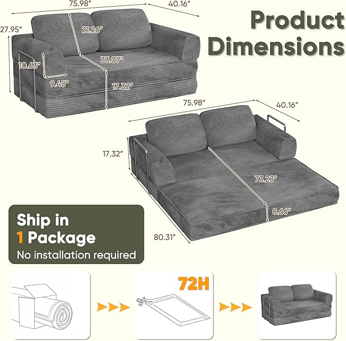 Homall 4-in-1 Convertible Sofa Bed, Oversized Boneless Couch with 4 Frame Kits and Removable Armrests, Corduroy Sleeper Sofa with 2 Pillows for Small Space, No Assembly Required (Gray)
