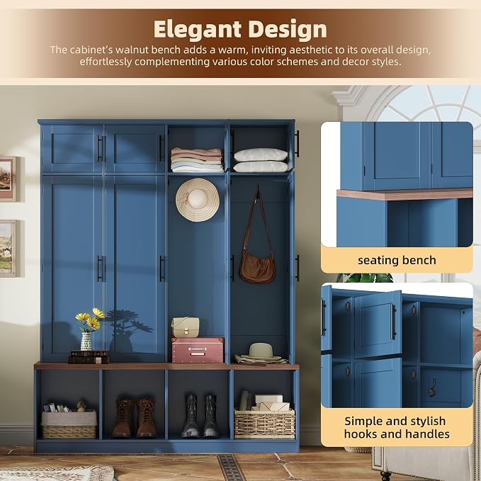 Hall Tree with Bench and Shoe Storage Compartments for Entryway, Particle Board Multi-Functional Cabinet with 4 Hanging Hooks, Blue - Image 5