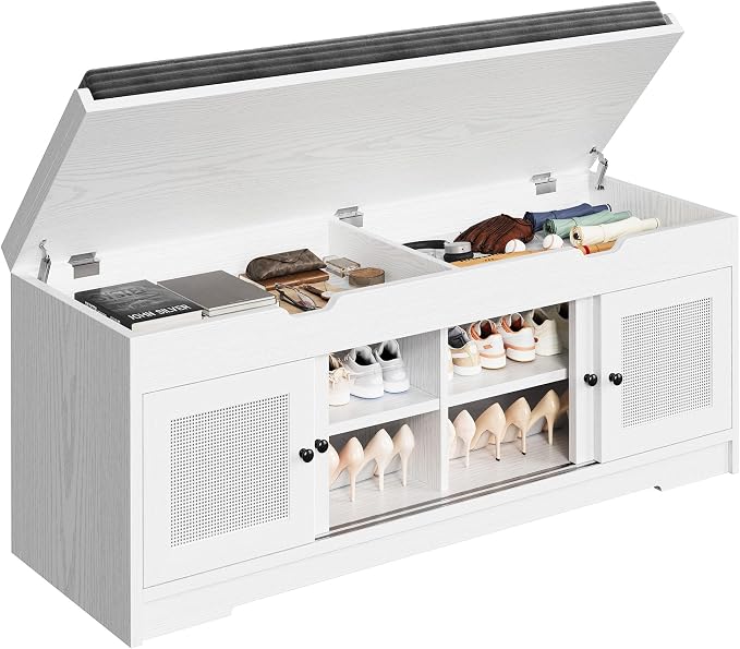 LIKIMIO 47.2" Shoe Bench with Lift Top Storage, Entryway Bench with Cushioned Seat, 2-Tier Rattan Shoe Cabinet with Adjustable Shelf, Storage Bench for Bedroom, Living Room, Hallway, White - Image 8