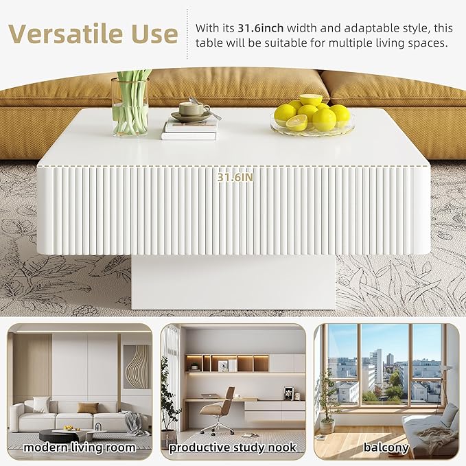 Merax Modern Square Coffee Table with Sturdy Base, Wood Minimalist Fluted Center Tables for Living Room Reception Room, Easy Assemble, White