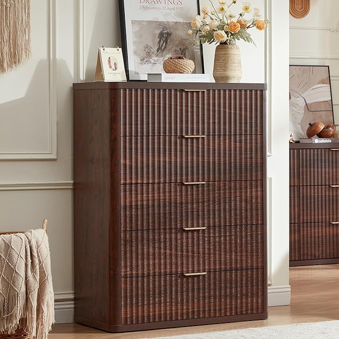 LEYAOYAO Fluted 5 Drawers Dresser Set of 2, 41" Tall Modern Chest of Drawers with Metal Handle, Curved Profile Dresser TV Stand, Wooden Drawer Organizer for Bedroom, Living Room, Hallway, Walnut - Image 4