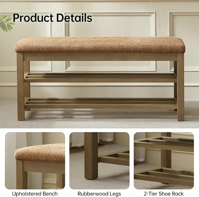 VKNOW Entryway Bench, 44.3” Upholstered Shoe Storage Bench for Bedroom, 2-Tier Storage End of Bed Bench with Rubberwood Legs for Living Room, Hallway, Orange - Image 4