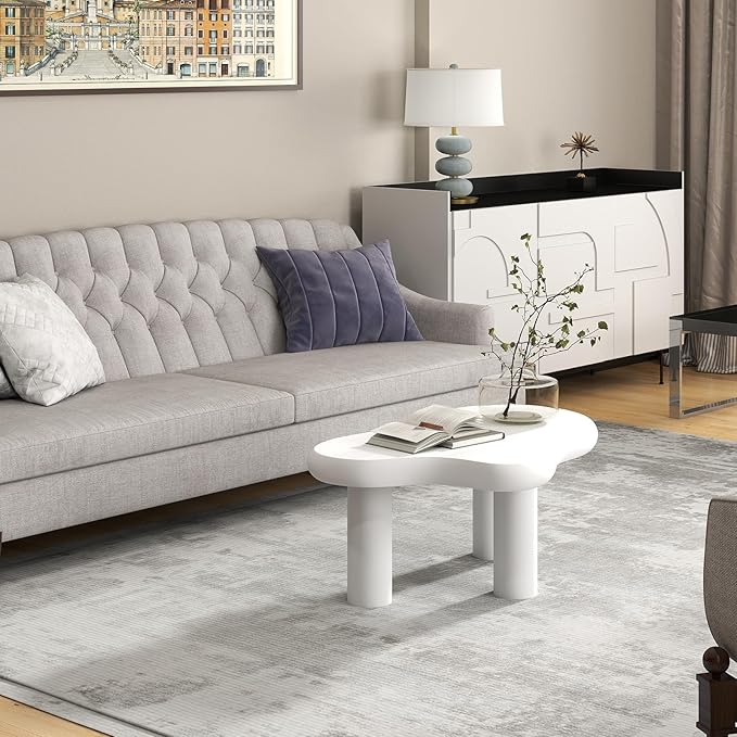 HollyHOME 34" Cloud Wood Coffee Table - 3-Leg Modern Accent Center Table for Living Room Bedroom Balcony Patio, Cream White