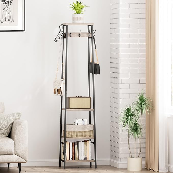 Coat Rack Freestanding, Coat Stand with 3 Shelves and 7 Hooks, Hall Tree Free Standing, Clothes Rack Stand Organizer, Industrial Style, Greige and Black - Image 6