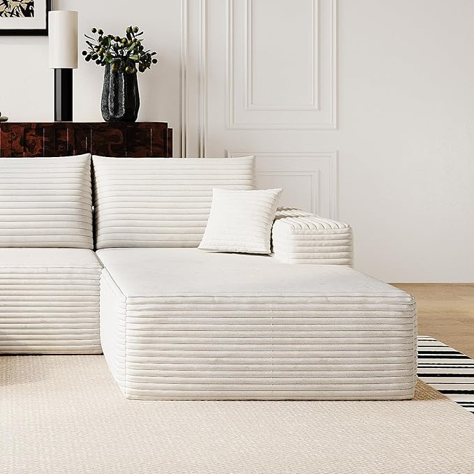 107" Corduroy Couch with Ottoman, Cloud Sectional U Shaped Sofa, Deep Seat Boneless Couches for Living Room Bedroom Apartment, Compressed Foam No Assembly Required, Right Facing Chaise, White