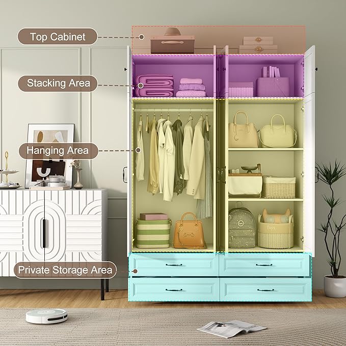 White Armoire Wardrobe Closet: 88" Extra Tall Wardrobe Cabinet with 4 Drawers, Large Wood Armoire Closet with 4 Doors, Modern Bedroom Armoires with Top Cabinet