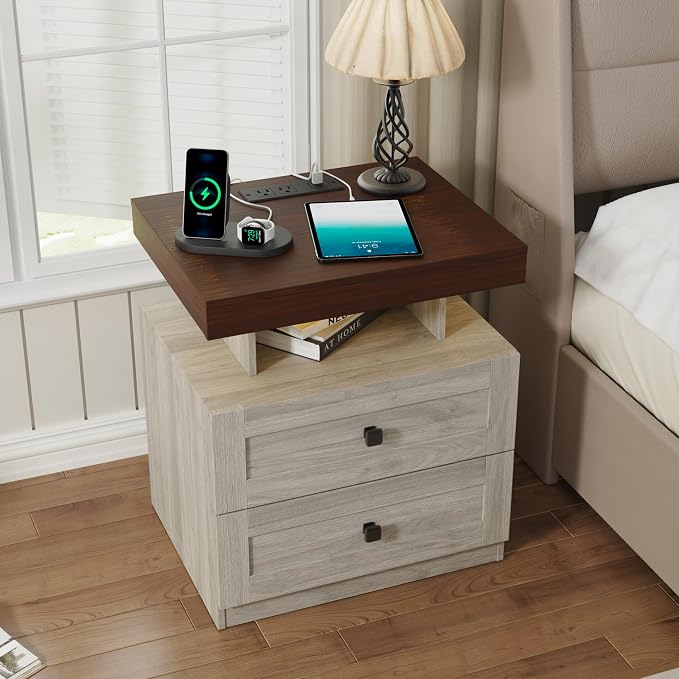 MHOM Farmhouse LED Nightstand Set of 2, Wood Bedroom Side Table with Charging Station, Rustic End Table with Drawers for Bedroom, Antique Oak - Image 5