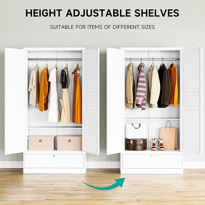 Metal Wardrobe Cabinet with Drawer and Hanging Rod,Armoire Wardrobe Closet with doors,White Metal Clothing Storage Cabinet with Adjustable Shelves,Armoire Storage Cabinets for Home,Bedroom Armoires