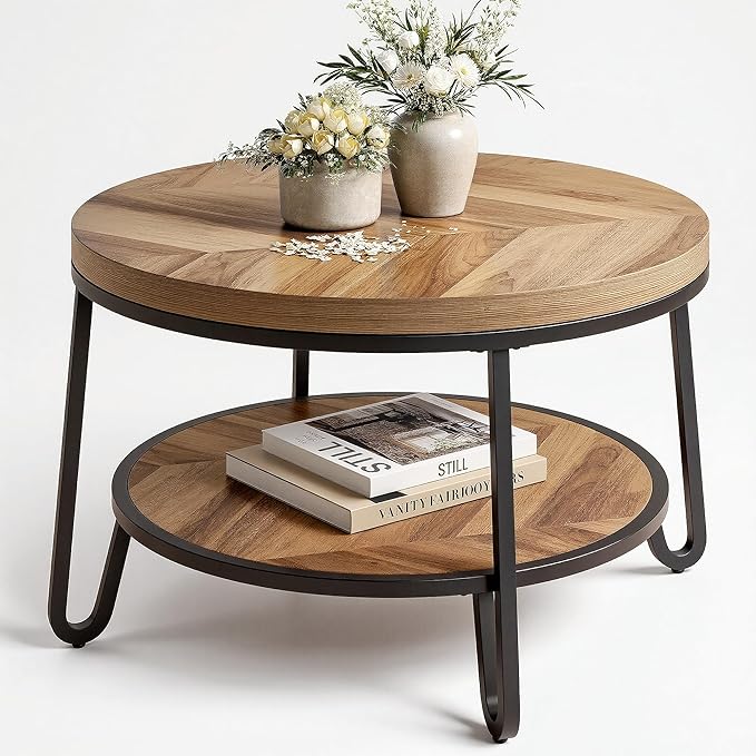 32" Round Coffee Table, Wood Coffee Table for Sectional Sofa with 2-Tier Storage Shelves, Farmhouse Center Table with Wood Grain Desktop, Easy to Assemble