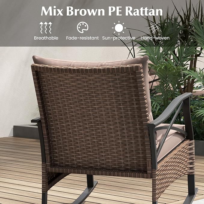 Tangkula 3 Pieces Outdoor Rocking Chairs Set, Rattan Heavy Duty Cushioned Rocker Chairs with 2-Tier Tempered Glass Coffee Table, for Garden, Balcony, Backyard - Image 3