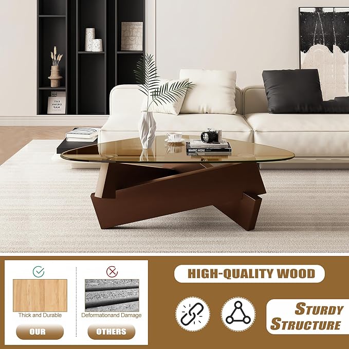 Triangle Glass Coffee Table Brown Rustic Glass Top Coffee Table Retro Modern Living Room Center Table with Solid Wood Legs, 35.5'' x 27.5'' x 15.7'' Cute & Vintage Tea Table for Small Spaces