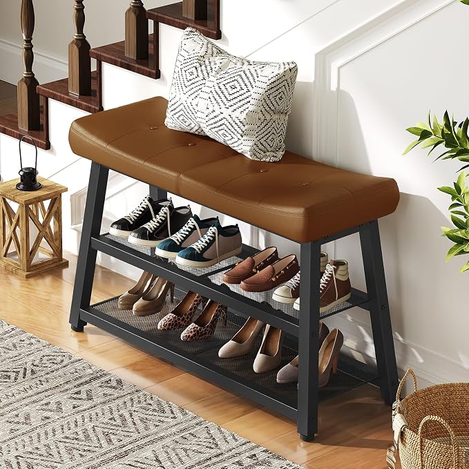 YATINEY Shoe Bench, 3-Tier Shoe Rack, Entryway Bench with Storage and Cushion, for Hallway, Foyer, Bedroom, Brown and Black HX02BV - Image 2