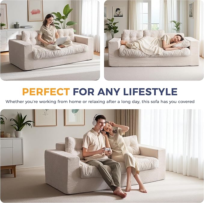 MAXYOYO Oversized Loveseat Sofa Couch, Upholstered Bean Bag Chair Cloud 3-Seat for Adults, Boneless Couch with Tufted Cushion & Pillows, Sofa in A Box, No Assembly Required, Beige