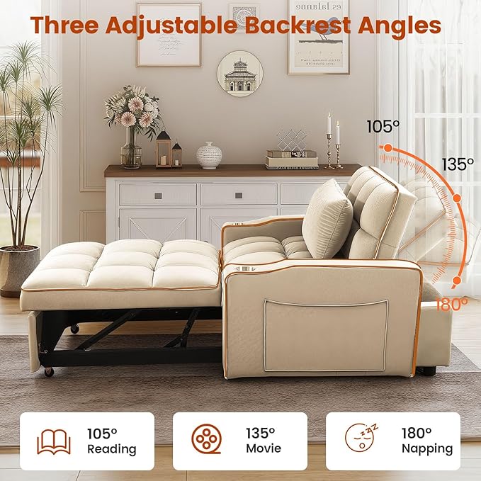 Convertible Sleeper Chair, Chairs Bed Sleepers for Adults, Pull Out Chair Sleeper with Bracket and Cup Holder, 3 in 1 Sofa Bed Chairs for Small Spaces, Living Room, White
