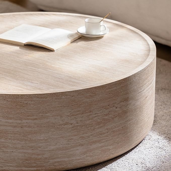 Round Coffee Table in Faux Marble, 39.37" W × 12" H Stone Coffee Tables for Living Room, Modern Drum Center MDF Vintage Design Low, Office, Apartment No Assembly Required Beige Mars