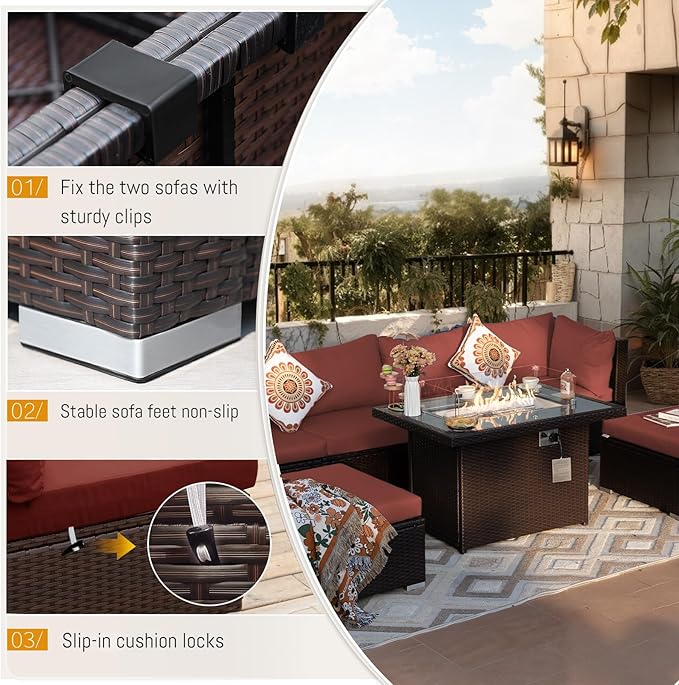 BULEXYARD 9 Piece Highback Patio Furniture Set with Fire Pit Table, Modern Modular Outdoor Sectional Couch Sofa with Ottoman, 8-Person Backyard Seating for Outside, Deck, Brown Wicker & Red Cushion
