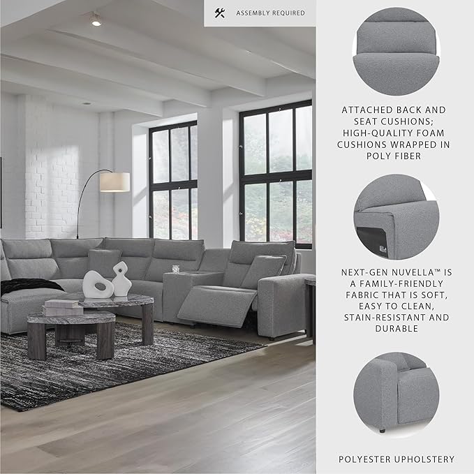 Signature Design by Ashley Modern ModMax II Stain Resistant L-Shape Right-Arm Facing 6-Piece Power Reclining Sectional with Adjustable Headrest and USB Charging Ports, Gray