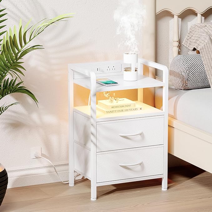 Lazzanto Night Stand Bedside Table Bedroom - White Nightstand with Charging Station & LED Light Strip, Morden Bed Side End Table with Storage Shelf & 2 Fabric Drawers, U-S-B Ports & AC Outlets - Image 2