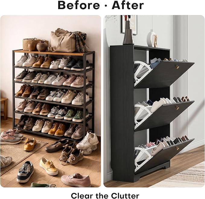 Nicetree Shoe Cabinet with 3 Flip Drawers, Narrow Shoe Organizer Cabinet, Freestanding Shoe Rack Cabinet, Morden Shoe Storage Cabinet for Entryway, Hallway, Foryer, Black with Hook - Image 6