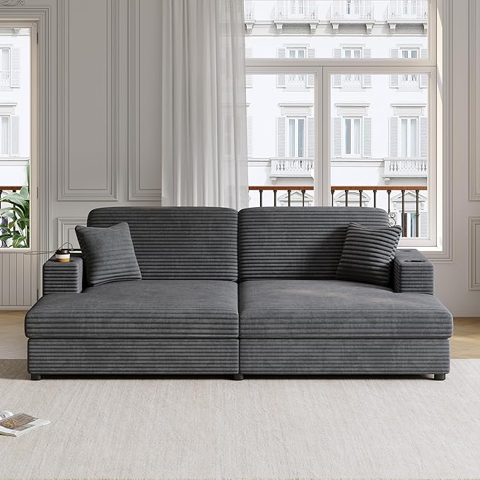 86.5" Oversized Double Chaise Lounge Indoor Corduroy Upholstered Sofa Bed , Deep Seat Lounger Loveseat Recliner Daybed with Dual USB Ports , Two Cup Holders and Throw Pillows for Living Room Bedroom
