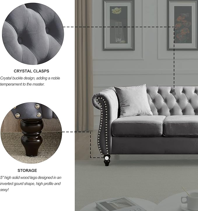KEIKI Chesterfield Sofa, Retro Style Upholstered 3 Seater Velvet Couch with Rolled Arm for Living Room Bedroom Office Apartment, Grey