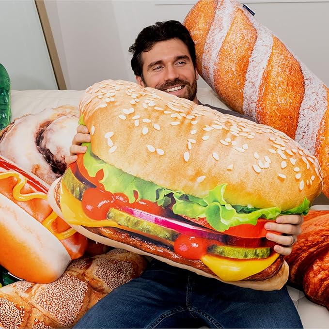 Much Comfort 34" 3D Juicy Cheeseburger Throw Pillow - Made with Super Soft & Ultra Premium Fabric - Cute, Comfortable, Plush, Meat, Nugget, Taco, Stuffed Cushion for Home Decor - Funny Gift - Large
