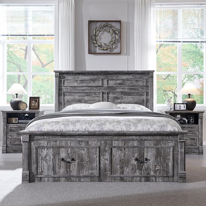 Aitjunz 26" Tall Farmhouse Nightstand, 2 Drawers End Table w/Charging Station, 23.6" Wide Large Side Table w/Roman Column, Wood Rustic Sofa Table w/Open Shelf, Bedside Table for Bedroom, Light Gray - Image 6