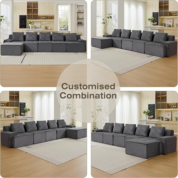 Modular Sectional Sofa, 6 Seat Modular Couch, Modular Sofa with Deep Seat and Detachable Pillow (Grey, 6 Pieces-L Shape)
