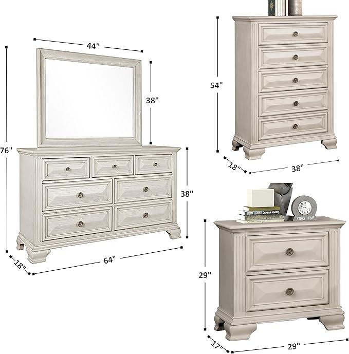 Roundhill Furniture Renova Distressed Parchment Wood Bedroom Set, Queen Panel Bed, Dresser, Mirror, Nightstand, Chest