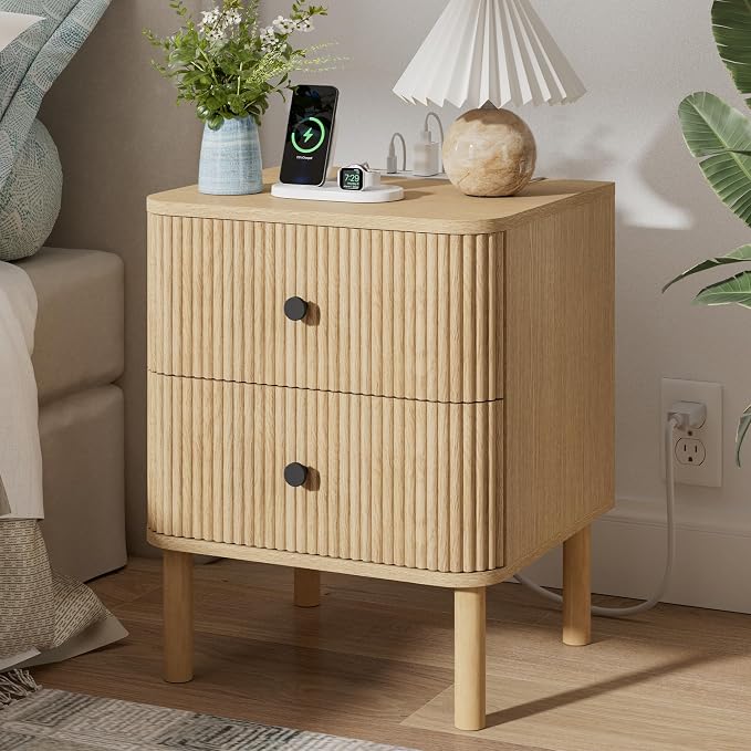 Fluted Nightstand, Modern Night Stand, 2 Drawers Nightstand with Charging Station, Wooden End Table Rounded Corners & Solid Wood Legs, Bedside Table for Bedroom Sofa Home Office,Natural Oak by FavourLife