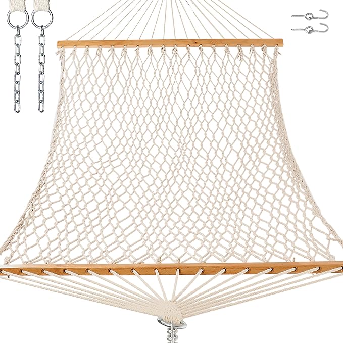 GAFETE 12ft Double Hammocks for Outside, Handwoven Traditional Cotton Rope 2 Person Hammock with Hardwood Spreader Bar, Chains & Hooks for Indoor Outdoor, Max 450 lbs Capacity (Natural Beige, Medium) by GafeteOutdoorLiving
